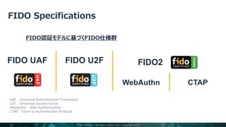 16
FIDO UAF FIDO U2F FIDO2
WebAuthn CTAP
UAF : Universal Authentication Framework（パスワードレス認証）
U2F : Universal Second Factor（二段階認証）
WebAuthn：Web Authentication（ウェブ認証）
CTAP：Client to Authenticator Protocol（デバイス間連携仕様）
FIDO認証モデルに基づくFIDO仕様群
FIDO Alliance | All Rights Reserved | Copyright 2022
 