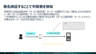 18
生体情報など 本人確認の検証結果
ユーザー 認証器
サーバー
信頼関係
RP（サービス提供者）サ
ーバーの識別子に対して署
名したもの
FIDO Alliance | All Rights Reserved | Copyright 2022
 