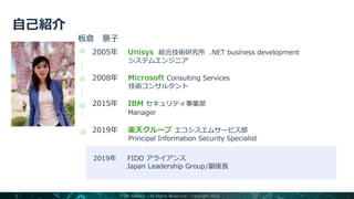 2019年 FIDO アライアンス
Japan Leadership Group/副座長
板倉 景子
2005年 Unisys 総合技術研究所 .NET business development
システムエンジニア
2008年 Microsoft Consulting Services
技術コンサルタント
2015年 IBM セキュリティ事業部
Manager
2019年 楽天グループ エコシスエムサービス部
Principal Information Security Specialist
FIDO Alliance | All Rights Reserved | Copyright 2022
3
 
