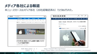 メディア各社による報道
FIDO Alliance | All Rights Reserved | Copyright 2022
30
引用：NHK Web (2022年5月7日アクセス）https://www3.nhk.or.jp/news/
日本経済新聞(2022年5月7日アクセス）https://www.nikkei.com/article/DGXZQOGN053OM0V00C22A5000000/
 