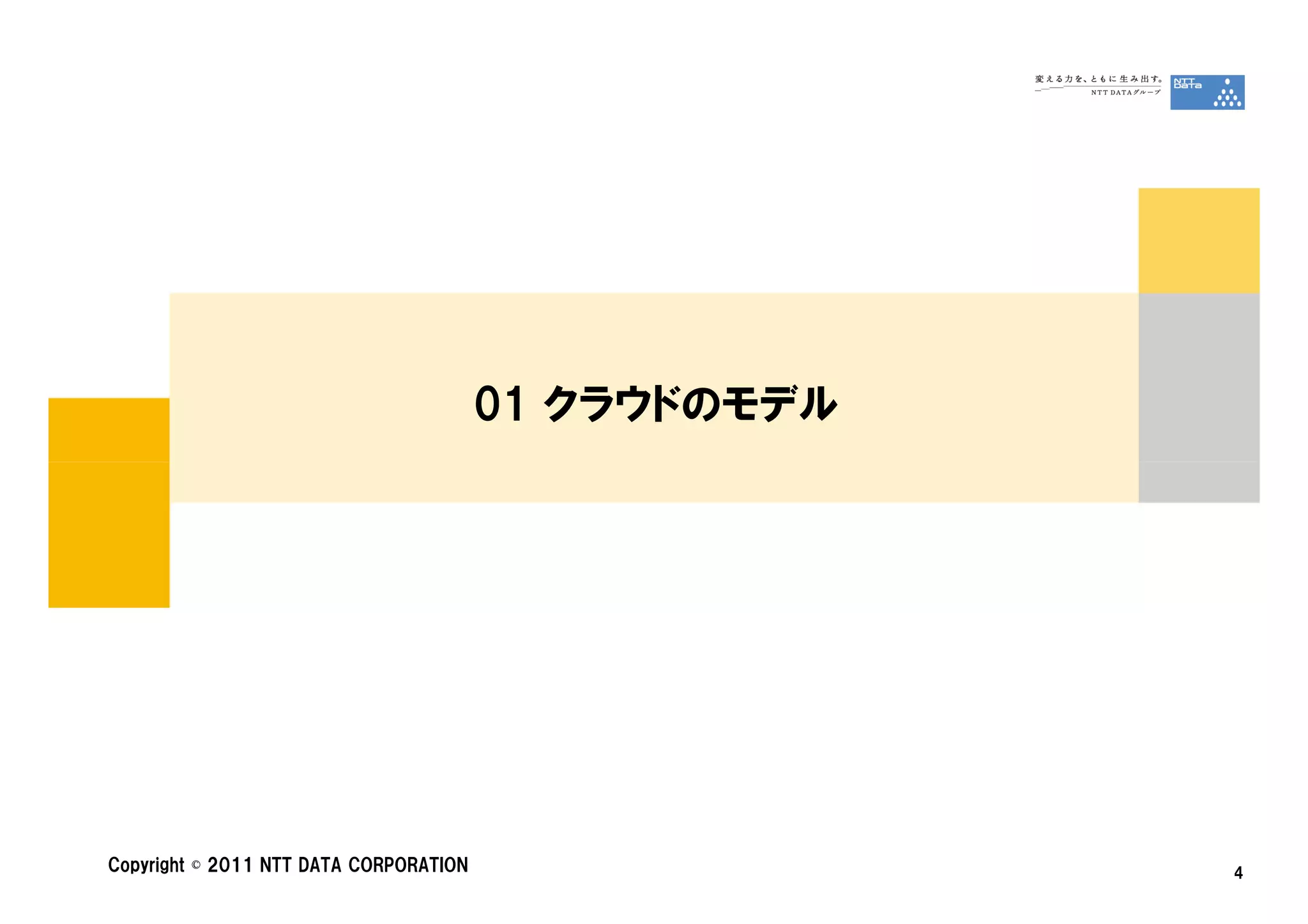 01 クラウドのモデル




Copyright © 2011 NTT DATA CORPORATION                 4
 