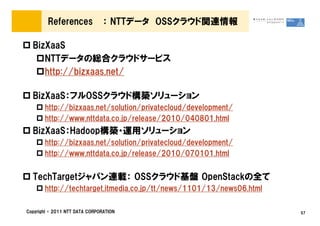 References             ： NTTデータ OSSクラウド関連情報

  BizXaaS
     NTTデータの総合クラウドサービス
     http://bizxaas.net/

  BizXaaS：フルOSSクラウド構築ソリューション
       http://bizxaas.net/solution/privatecloud/development/
       http://www.nttdata.co.jp/release/2010/040801.html
  BizXaaS：Hadoop構築・運用ソリューション
       http://bizxaas.net/solution/privatecloud/development/
       http://www.nttdata.co.jp/release/2010/070101.html


  TechTargetジャパン連載： OSSクラウド基盤 OpenStackの全て
       http://techtarget.itmedia.co.jp/tt/news/1101/13/news06.html

Copyright &copy; 2011 NTT DATA CORPORATION                                57
 
