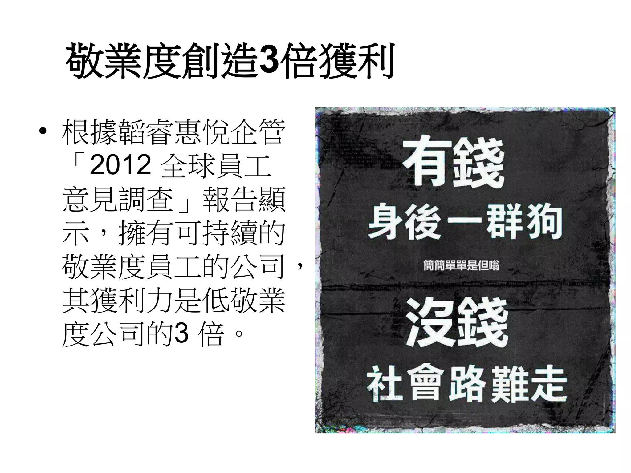敬業度創造3倍獲利 
• 根據韜睿惠悅企管 
「2012 全球員工 
意見調查」報告顯 
示，擁有可持續的 
敬業度員工的公司， 
其獲利力是低敬業 
度公司的3 倍。 
 