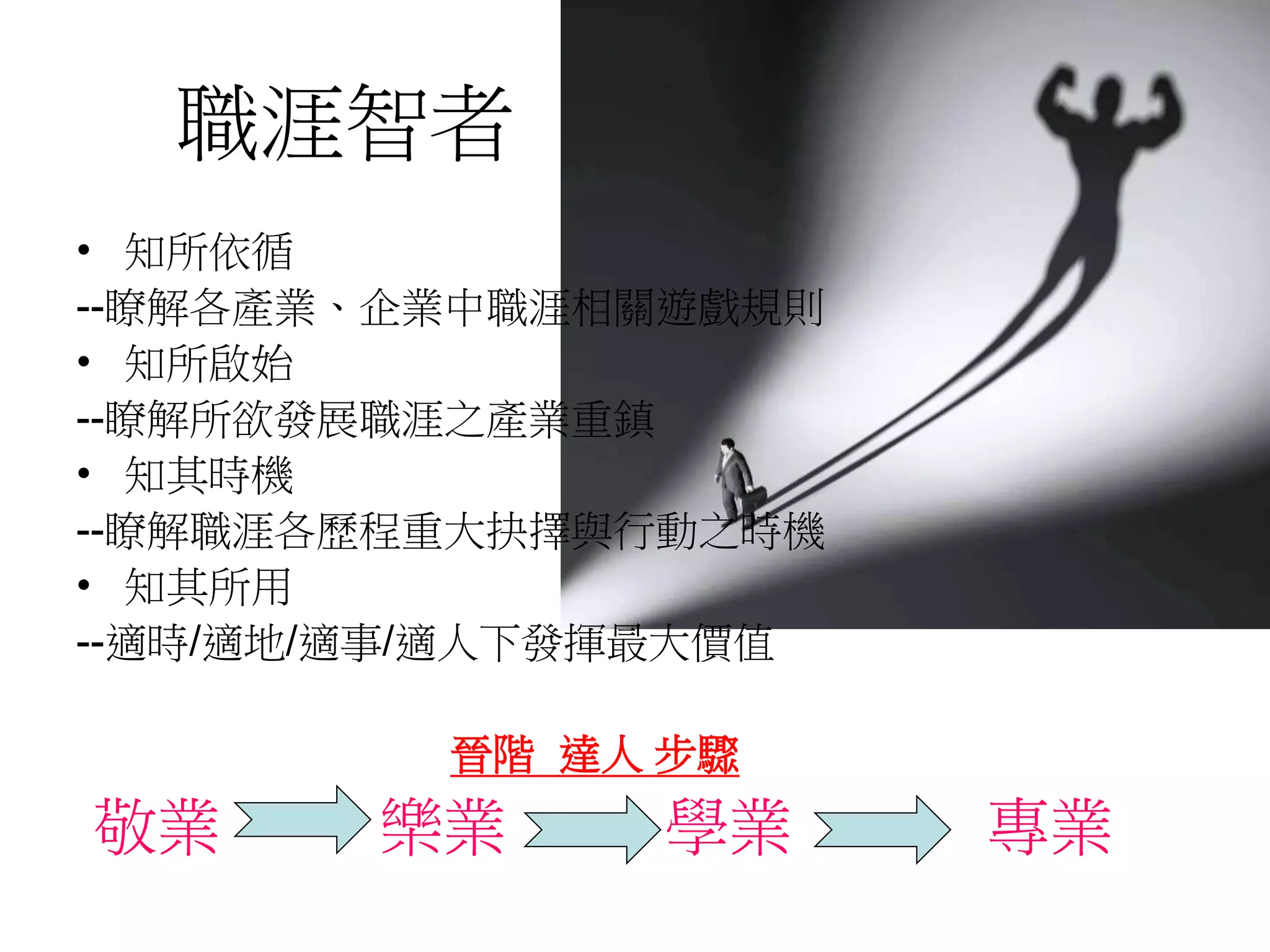 職涯智者 
• 知所依循 
--瞭解各產業、企業中職涯相關遊戲規則 
• 知所啟始 
--瞭解所欲發展職涯之產業重鎮 
• 知其時機 
--瞭解職涯各歷程重大抉擇與行動之時機 
• 知其所用 
--適時/適地/適事/適人下發揮最大價值 
晉階達人步驟 
敬業樂業學業專業 
 