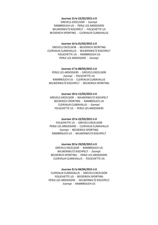 Journee 15 le 22/02/2015 à 0
GREVELS EXCELSIOR - Exempt
RAMBROUCH US - PERLE LES ARDOISIERS
WILWERWILTZ KISCHPELT - FOLSCHETTE US
BECKERICH SPORTING - CLERVAUX CLARAVALLIS
Journee 16 le 01/03/2015 à 0
GREVELS EXCELSIOR - BECKERICH SPORTING
CLERVAUX CLARAVALLIS - WILWERWILTZ KISCHPELT
FOLSCHETTE US - RAMBROUCH US
PERLE LES ARDOISIERS - Exempt
Journee 17 le 08/03/2015 à 0
PERLE LES ARDOISIERS - GREVELS EXCELSIOR
Exempt - FOLSCHETTE US
RAMBROUCH US - CLERVAUX CLARAVALLIS
WILWERWILTZ KISCHPELT - BECKERICH SPORTING
Journee 18 le 15/03/2015 à 0
GREVELS EXCELSIOR - WILWERWILTZ KISCHPELT
BECKERICH SPORTING - RAMBROUCH US
CLERVAUX CLARAVALLIS - Exempt
FOLSCHETTE US - PERLE LES ARDOISIERS
Journee 19 le 22/03/2015 à 0
FOLSCHETTE US - GREVELS EXCELSIOR
PERLE LES ARDOISIERS - CLERVAUX CLARAVALLIS
Exempt - BECKERICH SPORTING
RAMBROUCH US - WILWERWILTZ KISCHPELT
Journee 20 le 29/03/2015 à 0
GREVELS EXCELSIOR - RAMBROUCH US
WILWERWILTZ KISCHPELT - Exempt
BECKERICH SPORTING - PERLE LES ARDOISIERS
CLERVAUX CLARAVALLIS - FOLSCHETTE US
Journee 21 le 04/04/2015 à 0
CLERVAUX CLARAVALLIS - GREVELS EXCELSIOR
FOLSCHETTE US - BECKERICH SPORTING
PERLE LES ARDOISIERS - WILWERWILTZ KISCHPELT
Exempt - RAMBROUCH US
 