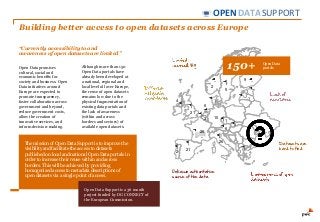 PwC
The mission of Open Data Support is to improve the
visibility and facilitate the access to datasets
published on local and national Open Data portals in
order to increase their reuse within and across
borders. This will be achieved by providing
homogenised access to metadata descriptions of
open datasets via a single point of access.
DATASUPPORTOPEN
Open Data promises
cultural, social and
economic benefits for
society and business. Open
Data initiatives around
Europe are expected to
promote transparency,
foster collaboration across
government and beyond,
reduce government costs,
allow the creation of
innovative services, and
inform decision-making.
Although more than 150
Open Data portals have
already been developed at
a national, regional and
local level all over Europe,
the reuse of open datasets
remains low due to the
physical fragmentation of
existing data portals and
the lack of awareness
(within and across
borders and sectors) of
available open datasets.
Building better access to open datasets across Europe
“Currently accessibility to and
awareness of open datasets are limited”
150+
Open Data Support is a 36 month
project funded by DG CONNECT of
the European Commission.
Open Data
portals
6
3
1
10
1
1
1
21
9
26
4
21
26
1
6
2
2
5
1
Datasets are
hard to find
Unknown authoritative
source of the data
 