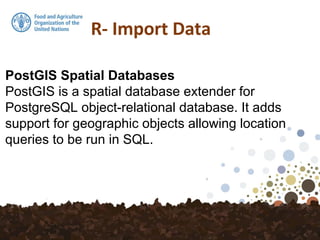 PostGIS Spatial Databases
PostGIS is a spatial database extender for
PostgreSQL object-relational database. It adds
support for geographic objects allowing location
queries to be run in SQL.
 