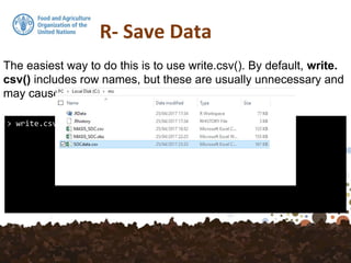 > write.csv(SOC,file = "SOCData.csv")
The easiest way to do this is to use write.csv(). By default, write.
csv() includes row names, but these are usually unnecessary and
may cause confusion.
 