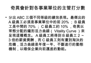 　奇異會針對各事業單位的主管打分數  分出 ABC 三個不同等級的績效表現。最傑出的 A 級員工必須是事業單位中的前 20% ； B 級員工是中間的 70% ； C 級員工約 10% ，奇異以常態分配的鐘形活力曲線（ Vitality Curve ）來呈現這種概念。 A 級員工將得到 B 級員工 2 ～ 3 倍的薪資獎酬，而 C 級員工則有遭到淘汰的危機，活力曲線是年復一年、不斷進行的動態機制，以確保企業向前邁進的動能。  