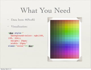 What You Need
             ✦      Data Item: #69ce85

             ✦      Visualization:

               <div style="
                 background-color: rgb(108,
               199, 224);
                 height: 20px;
                 width: 25px;"
               class="color"></div>




Saturday, March 9, 13
 