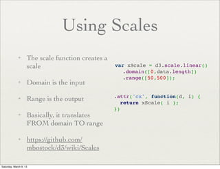 Using Scales
             ✦      The scale function creates a
                    scale                          var xScale = d3.scale.linear()
                                                     .domain([0,data.length])
                                                     .range([50,500]);
             ✦      Domain is the input
                                                   .attr('cx', function(d, i) {
             ✦      Range is the output               return xScale( i );
                                                   })
             ✦      Basically, it translates
                    FROM domain TO range

             ✦      https://github.com/
                    mbostock/d3/wiki/Scales

Saturday, March 9, 13
 