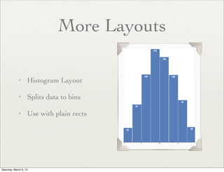 More Layouts

             ✦      Histogram Layout

             ✦      Splits data to bins

             ✦      Use with plain rects




Saturday, March 9, 13
 