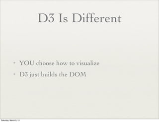 D3 Is Different


             ✦      YOU choose how to visualize
             ✦      D3 just builds the DOM




Saturday, March 9, 13
 