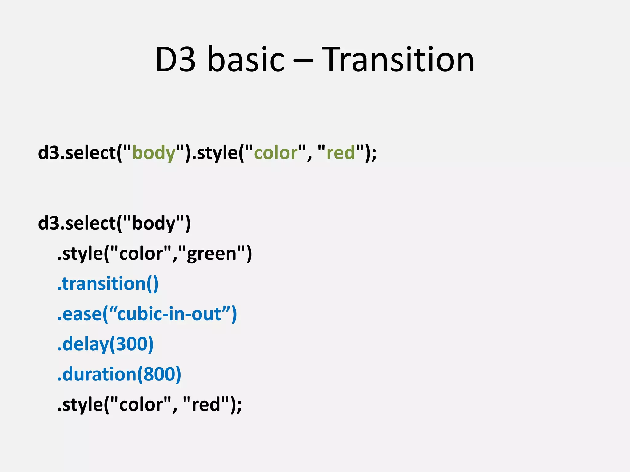 D3 basic – Transition
d3.select("body").style("color", "red");
d3.select("body")
.style("color","green")
.transition()
.ease(“cubic-in-out”)
.delay(300)
.duration(800)
.style("color", "red");
 