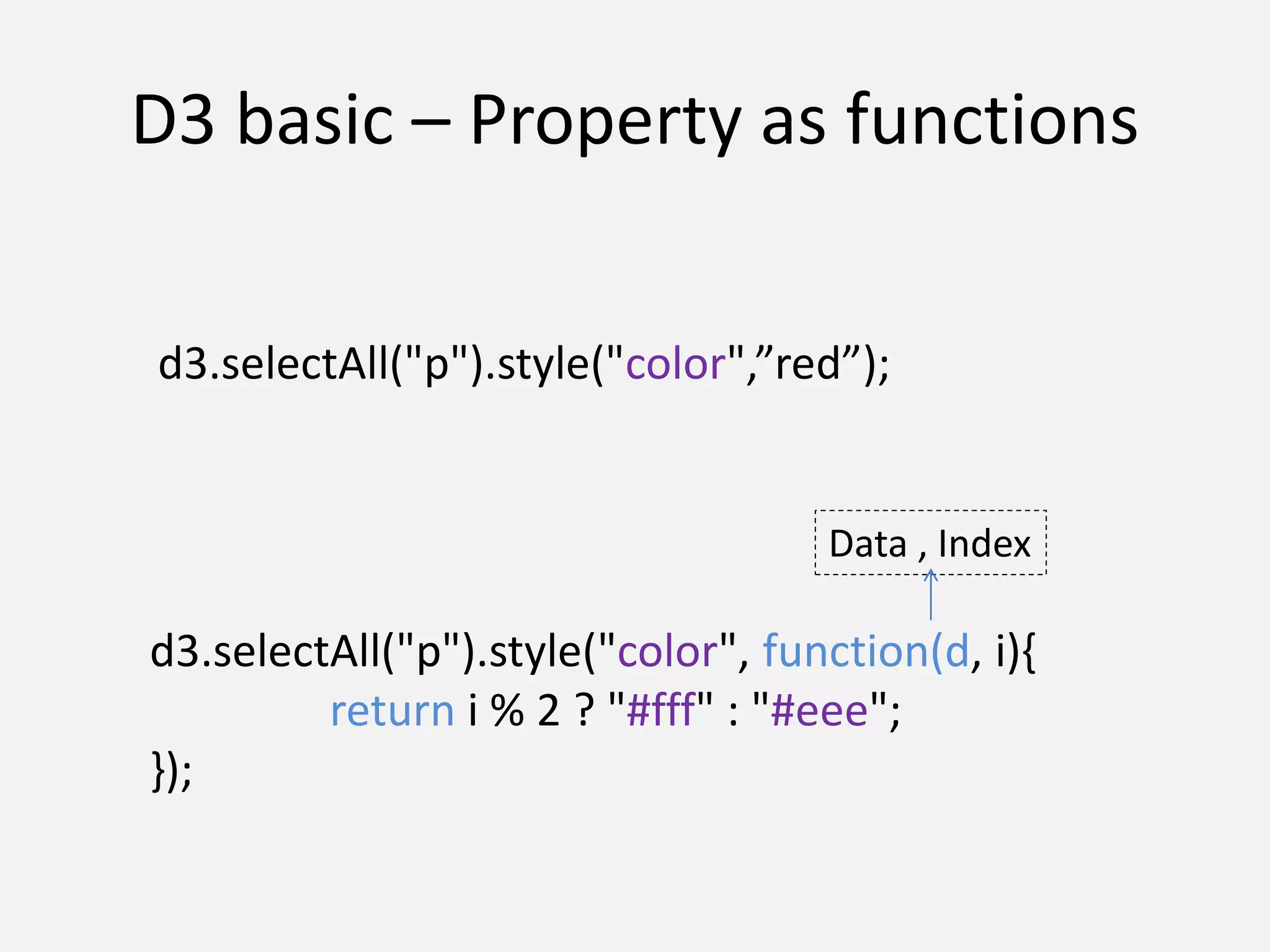 D3 basic – Property as functions
d3.selectAll("p").style("color", function(d, i){
return i % 2 ? "#fff" : "#eee";
});
Data , Index
d3.selectAll("p").style("color",”red”);
 