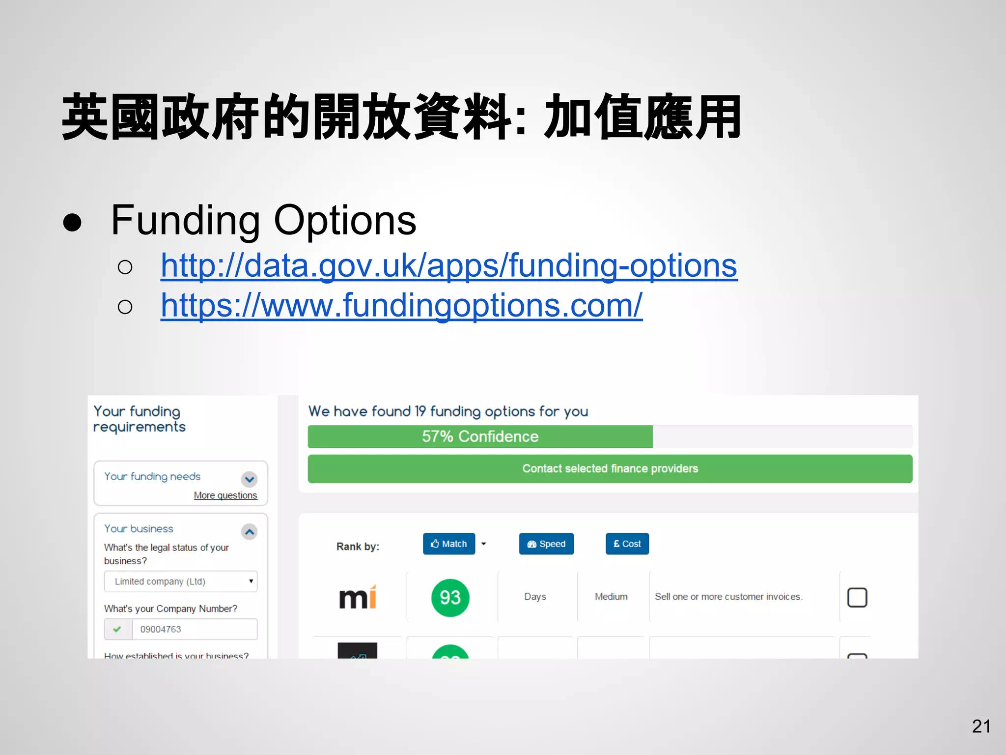 英國政府的開放資料: 加值應用
● Funding Options
○ http://data.gov.uk/apps/funding-options
○ https://www.fundingoptions.com/
21
 