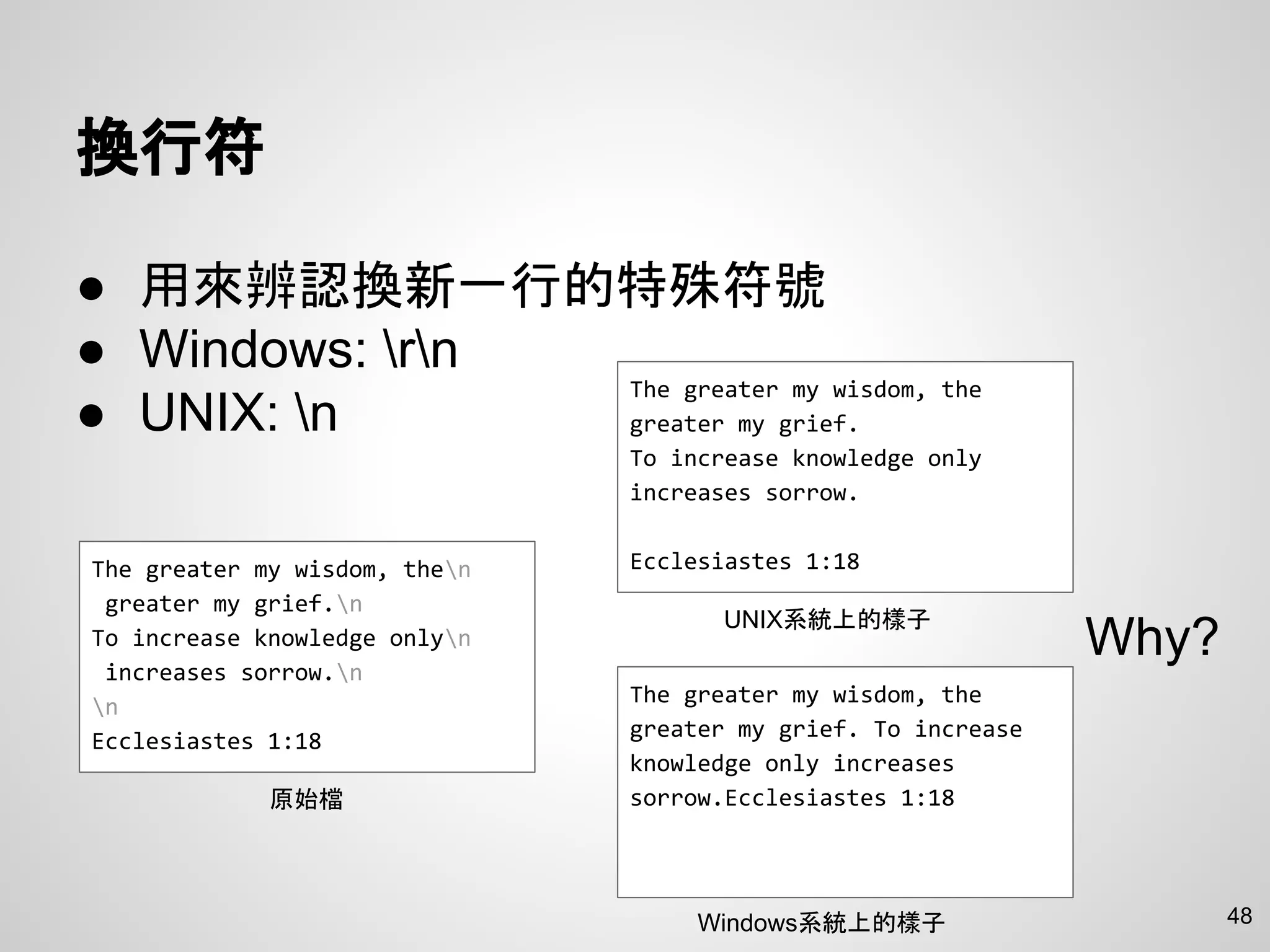 48
換行符
● 用來辨認換新一行的特殊符號
● Windows: rn
● UNIX: n
The greater my wisdom, then
greater my grief.n
To increase knowledge onlyn
increases sorrow.n
n
Ecclesiastes 1:18
The greater my wisdom, the
greater my grief.
To increase knowledge only
increases sorrow.
Ecclesiastes 1:18
The greater my wisdom, the
greater my grief. To increase
knowledge only increases
sorrow.Ecclesiastes 1:18
UNIX系統上的樣子
Windows系統上的樣子
原始檔
Why?
 