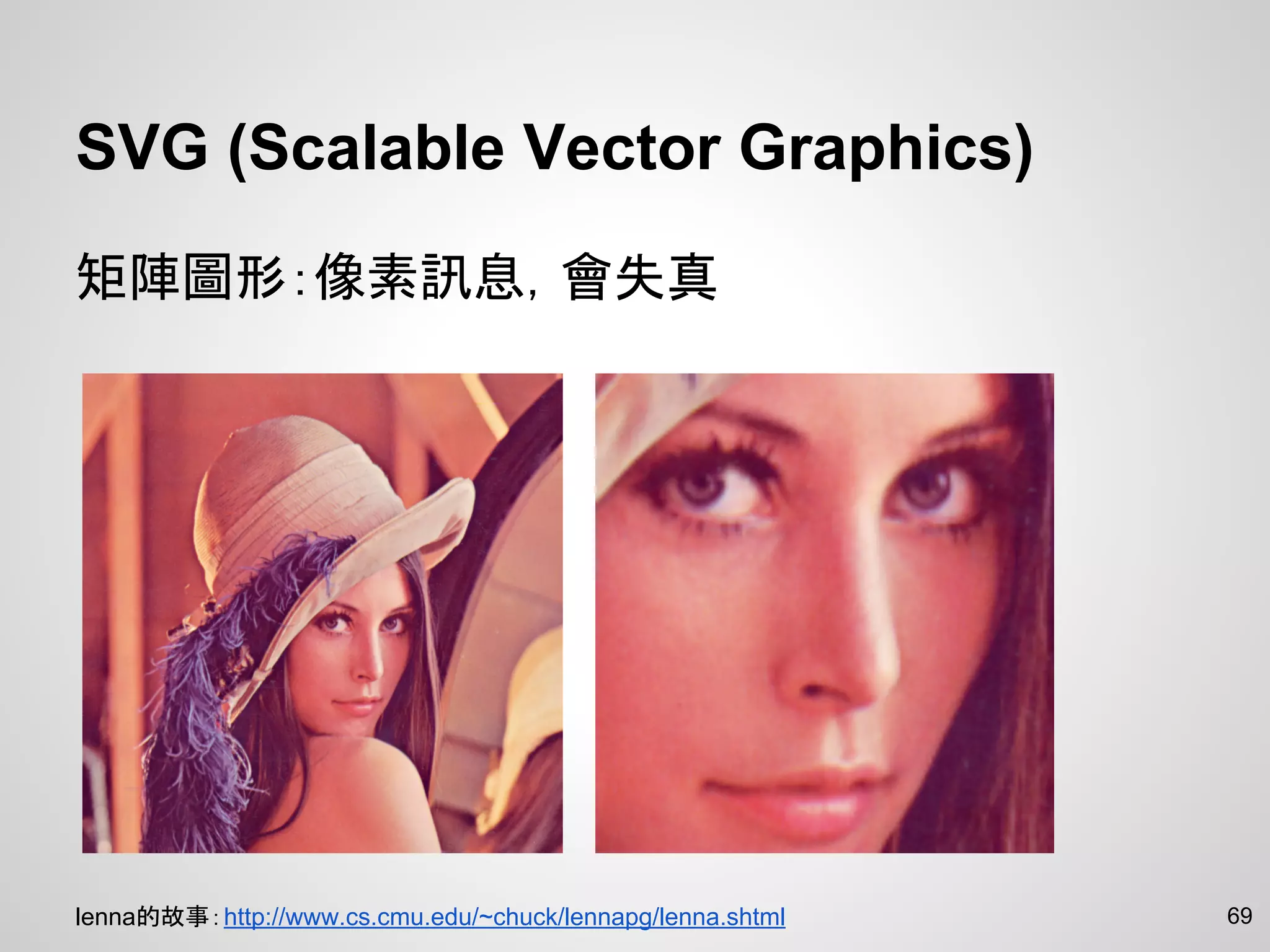 SVG (Scalable Vector Graphics)
矩陣圖形：像素訊息，會失真
69lenna的故事：http://www.cs.cmu.edu/~chuck/lennapg/lenna.shtml
 
