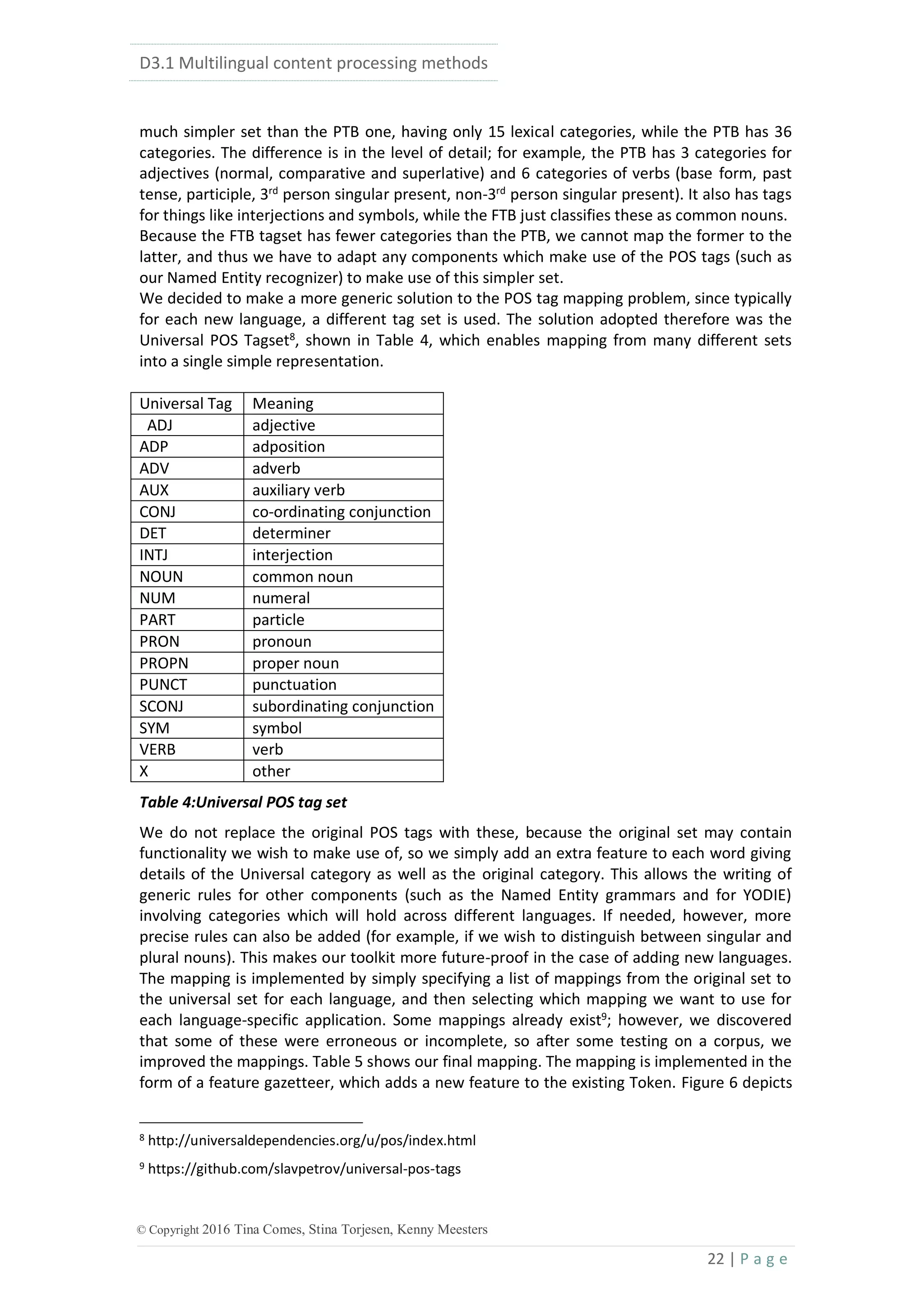 D3.1 Multilingual content processing methods
22 | P a g e
© Copyright 2016 Tina Comes, Stina Torjesen, Kenny Meesters
much simpler set than the PTB one, having only 15 lexical categories, while the PTB has 36
categories. The difference is in the level of detail; for example, the PTB has 3 categories for
adjectives (normal, comparative and superlative) and 6 categories of verbs (base form, past
tense, participle, 3rd
person singular present, non-3rd
person singular present). It also has tags
for things like interjections and symbols, while the FTB just classifies these as common nouns.
Because the FTB tagset has fewer categories than the PTB, we cannot map the former to the
latter, and thus we have to adapt any components which make use of the POS tags (such as
our Named Entity recognizer) to make use of this simpler set.
We decided to make a more generic solution to the POS tag mapping problem, since typically
for each new language, a different tag set is used. The solution adopted therefore was the
Universal POS Tagset8
, shown in Table 4, which enables mapping from many different sets
into a single simple representation.
Universal Tag Meaning
ADJ adjective
ADP adposition
ADV adverb
AUX auxiliary verb
CONJ co-ordinating conjunction
DET determiner
INTJ interjection
NOUN common noun
NUM numeral
PART particle
PRON pronoun
PROPN proper noun
PUNCT punctuation
SCONJ subordinating conjunction
SYM symbol
VERB verb
X other
Table 4:Universal POS tag set
We do not replace the original POS tags with these, because the original set may contain
functionality we wish to make use of, so we simply add an extra feature to each word giving
details of the Universal category as well as the original category. This allows the writing of
generic rules for other components (such as the Named Entity grammars and for YODIE)
involving categories which will hold across different languages. If needed, however, more
precise rules can also be added (for example, if we wish to distinguish between singular and
plural nouns). This makes our toolkit more future-proof in the case of adding new languages.
The mapping is implemented by simply specifying a list of mappings from the original set to
the universal set for each language, and then selecting which mapping we want to use for
each language-specific application. Some mappings already exist9
; however, we discovered
that some of these were erroneous or incomplete, so after some testing on a corpus, we
improved the mappings. Table 5 shows our final mapping. The mapping is implemented in the
form of a feature gazetteer, which adds a new feature to the existing Token. Figure 6 depicts
8 http://universaldependencies.org/u/pos/index.html
9 https://github.com/slavpetrov/universal-pos-tags
 