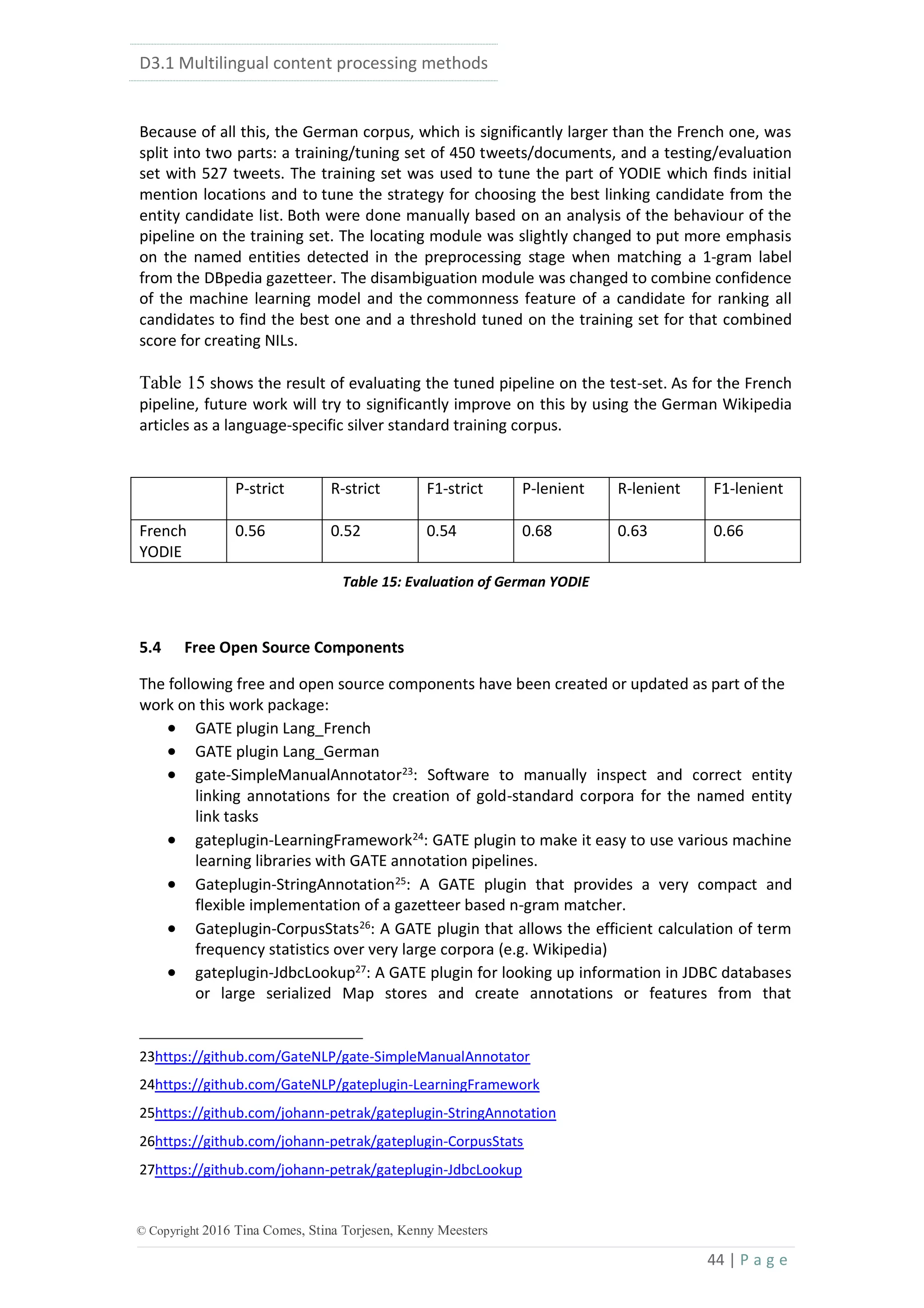 D3.1 Multilingual content processing methods
44 | P a g e
© Copyright 2016 Tina Comes, Stina Torjesen, Kenny Meesters
Because of all this, the German corpus, which is significantly larger than the French one, was
split into two parts: a training/tuning set of 450 tweets/documents, and a testing/evaluation
set with 527 tweets. The training set was used to tune the part of YODIE which finds initial
mention locations and to tune the strategy for choosing the best linking candidate from the
entity candidate list. Both were done manually based on an analysis of the behaviour of the
pipeline on the training set. The locating module was slightly changed to put more emphasis
on the named entities detected in the preprocessing stage when matching a 1-gram label
from the DBpedia gazetteer. The disambiguation module was changed to combine confidence
of the machine learning model and the commonness feature of a candidate for ranking all
candidates to find the best one and a threshold tuned on the training set for that combined
score for creating NILs.
Table 15 shows the result of evaluating the tuned pipeline on the test-set. As for the French
pipeline, future work will try to significantly improve on this by using the German Wikipedia
articles as a language-specific silver standard training corpus.
P-strict R-strict F1-strict P-lenient R-lenient F1-lenient
French
YODIE
0.56 0.52 0.54 0.68 0.63 0.66
Table 15: Evaluation of German YODIE
5.4 Free Open Source Components
The following free and open source components have been created or updated as part of the
work on this work package:
 GATE plugin Lang_French
 GATE plugin Lang_German
 gate-SimpleManualAnnotator23
: Software to manually inspect and correct entity
linking annotations for the creation of gold-standard corpora for the named entity
link tasks
 gateplugin-LearningFramework24
: GATE plugin to make it easy to use various machine
learning libraries with GATE annotation pipelines.
 Gateplugin-StringAnnotation25
: A GATE plugin that provides a very compact and
flexible implementation of a gazetteer based n-gram matcher.
 Gateplugin-CorpusStats26
: A GATE plugin that allows the efficient calculation of term
frequency statistics over very large corpora (e.g. Wikipedia)
 gateplugin-JdbcLookup27: A GATE plugin for looking up information in JDBC databases
or large serialized Map stores and create annotations or features from that
23https://github.com/GateNLP/gate-SimpleManualAnnotator
24https://github.com/GateNLP/gateplugin-LearningFramework
25https://github.com/johann-petrak/gateplugin-StringAnnotation
26https://github.com/johann-petrak/gateplugin-CorpusStats
27https://github.com/johann-petrak/gateplugin-JdbcLookup
 