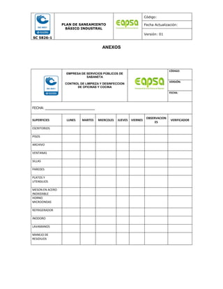SC 5826-1
PLAN DE SANEAMIENTO
BÁSICO INDUSTRAL
Código:
Fecha Actualización:
Versión: 01
ANEXOS
EMPRESA DE SERVICIOS PÚBLICOS DE
SABANETA
CONTROL DE LIMPIEZA Y DESINFECCION
DE OFICINAS Y COCINA
CÓDIGO:
VERSIÓN:
FECHA:
FECHA: _________________________
SUPERFICIES LUNES MARTES MIERCOLES JUEVES VIERNES
OBSERVACION
ES
VERIFICADOR
ESCRITORIOS
PISOS
ARCHIVO
VENTANAS
SILLAS
PAREDES
PLATOS Y
UTENSILIOS
MESON EN ACERO
INOXIDABLE
HORNO
MICROONDAS
REFRIGERADOR
INODORO
LAVAMANOS
MANEJO DE
RESIDIUOS
 