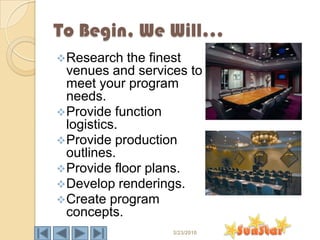 To Begin, We Will…
 Research   the finest
  venues and services to
  meet your program
  needs.
 Provide function
  logistics.
 Provide production
  outlines.
 Provide floor plans.
 Develop renderings.
 Create program
  concepts.
                   3/23/2010
 