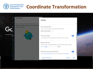Coordinate Transformation
> pointdata.kml <- spTransform(pointdata, CRS("+init=epsg:4326"))
To look at the locations of the data in Google Earth, we first need
to make sure the data is in the WGS84 geographic CRS. If the
data is not in this CRS (which is the case for our data), then we
need to perform a transformation. This is done by using the
spTransform function in sp. The EPSG code for WGS84
geographic is: 4326. We can then export out our transformed
pointdata data set to a KML file and visualize it in Google Earth.
 