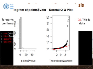 Exploratory Data Analysis
for normally distributed data the p value should be > than 0.05. This is
confirmed when we look at the histogram and qq-plot of this data
> par(mfrow = c(1, 2))
> hist(points$Value)
> qqnorm(points$Value, plot.it = TRUE, pch = 4, cex = 0.7)
> qqline(points$Value, col = "red", lwd = 2)
 