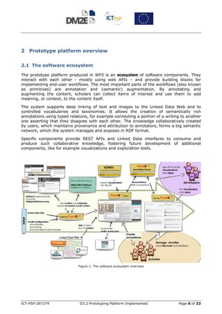 2 Prototype platform overview

2.1 The software ecosystem

The prototype platform produced in WP3 is an ecosystem of software components. They
interact with each other - mostly using web APIs – and provide building blocks for
implementing end-user workflows. The most important parts of the workflows (also known
as primitives) are annotation and (semantic) augmentation. By annotating and
augmenting the content, scholars can collect items of interest and use them to add
meaning, or context, to the content itself.

The system supports deep linking of text and images to the Linked Data Web and to
controlled vocabularies and taxonomies. It allows the creation of semantically rich
annotations using typed relations, for example connecting a portion of a writing to another
one asserting that they disagree with each other. The knowledge collaboratively created
by users, which maintains provenance and attribution to annotators, forms a big semantic
network, which the system manages and exposes in RDF format.

Specific components provide REST APIs and Linked Data interfaces to consume and
produce such collaborative knowledge, fostering future development of additional
components, like for example visualizations and exploration tools.




                            Figure 1: The software ecosystem overview




ICT-PSP-297274               D3.2 Prototyping Platform Implemented             Page 6 of 23
 