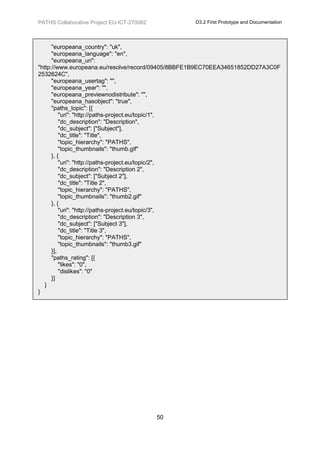 PATHS Collaborative Project EU-ICT-270082         D3.2 First Prototype and Documentation




      "europeana_country": "uk",
      "europeana_language": "en",
      "europeana_uri":
"http://www.europeana.eu/resolve/record/09405/8BBFE1B9EC70EEA34651852DD27A3C0F
2532624C",
      "europeana_usertag": "",
      "europeana_year": "",
      "europeana_previewnodistribute": "",
      "europeana_hasobject": "true",
      "paths_topic": [{
          "uri": "http://paths-project.eu/topic/1",
          "dc_description": "Description",
          "dc_subject": ["Subject"],
          "dc_title": "Title",
          "topic_hierarchy": "PATHS",
          "topic_thumbnails": "thumb.gif"
      }, {
          "uri": "http://paths-project.eu/topic/2",
          "dc_description": "Description 2",
          "dc_subject": ["Subject 2"],
          "dc_title": "Title 2",
          "topic_hierarchy": "PATHS",
          "topic_thumbnails": "thumb2.gif"
      }, {
          "uri": "http://paths-project.eu/topic/3",
          "dc_description": "Description 3",
          "dc_subject": ["Subject 3"],
          "dc_title": "Title 3",
          "topic_hierarchy": "PATHS",
          "topic_thumbnails": "thumb3.gif"
      }],
      "paths_rating": [{
          "likes": "0",
          "dislikes": "0"
      }]
   }
}




                                            50
 