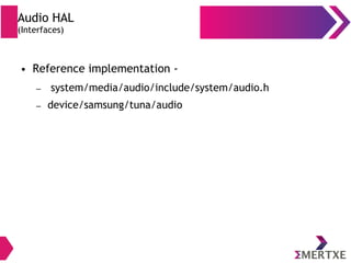 Audio HAL
(Interfaces)
● Reference implementation -
– system/media/audio/include/system/audio.h
– device/samsung/tuna/audio
 