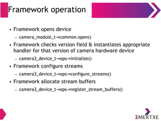 Framework operation
● Framework opens device
– camera_module_t common.open()→
● Framework checks version field & instantiates appropriate
handler for that version of camera hardware device
– camera3_device_t ops initialize()→ →
● Framework configure streams
– camera3_device_t ops configure_streams()→ →
● Framework allocate stream buffers
– camera3_device_t ops register_stream_buffers()→ →
 