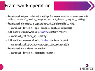 Framework operation
● Framework requests default settings for some number of use cases with
calls to camera3_device_t ops construct_default_request_settings()→ →
● Framework construct a capture request and send it to HAL
– camera3_device_t ops process_capture_request()→ →
● HAL notifies framework of a started capture request
– camera3_callback_ops notify()→
● HAL notifies framework of a finished capture request
– camera3_callback_ops process_capture_result()→
● Framework calls close the device
– camera3_device_t common close()→ →
 