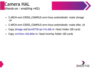 Camera HAL
(Hands-on : enabling v4l2)
● $ ARCH=arm CROSS_COMPILE=arm-linux-androideabi- make zImage
-j4
● $ ARCH=arm CROSS_COMPILE=arm-linux-androideabi- make dtbs -j4
● Copy zImage and bcm2710-rpi-3-b.dtb in /boot folder (SD card)
● Copy vc4-kms-v3d.dtbo in /boot/overlay folder (SD card)
 