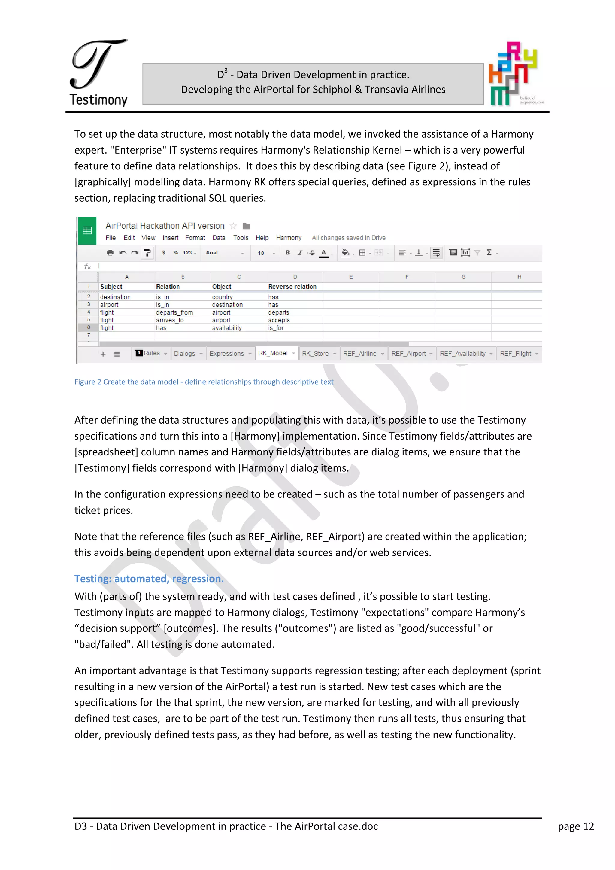 D3 - Data Driven Development in practice - The AirPortal case.doc page 12
D3
- Data Driven Development in practice.
Developing the AirPortal for Schiphol & Transavia Airlines
To set up the data structure, most notably the data model, we invoked the assistance of a Harmony
expert. "Enterprise" IT systems requires Harmony's Relationship Kernel – which is a very powerful
feature to define data relationships. It does this by describing data (see Figure 2), instead of
[graphically] modelling data. Harmony RK offers special queries, defined as expressions in the rules
section, replacing traditional SQL queries.
Figure 2 Create the data model - define relationships through descriptive text
After defining the data structures and populating this with data, it’s possible to use the Testimony
specifications and turn this into a [Harmony] implementation. Since Testimony fields/attributes are
[spreadsheet] column names and Harmony fields/attributes are dialog items, we ensure that the
[Testimony] fields correspond with [Harmony] dialog items.
In the configuration expressions need to be created – such as the total number of passengers and
ticket prices.
Note that the reference files (such as REF_Airline, REF_Airport) are created within the application;
this avoids being dependent upon external data sources and/or web services.
Testing: automated, regression.
With (parts of) the system ready, and with test cases defined , it’s possible to start testing.
Testimony inputs are mapped to Harmony dialogs, Testimony "expectations" compare Harmony’s
“decision support” [outcomes]. The results ("outcomes") are listed as "good/successful" or
"bad/failed". All testing is done automated.
An important advantage is that Testimony supports regression testing; after each deployment (sprint
resulting in a new version of the AirPortal) a test run is started. New test cases which are the
specifications for the that sprint, the new version, are marked for testing, and with all previously
defined test cases, are to be part of the test run. Testimony then runs all tests, thus ensuring that
older, previously defined tests pass, as they had before, as well as testing the new functionality.
 