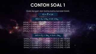 CONTOH SOAL 1
Garis tengah dan batas-batas kendali GMA:
Untuk j = 1 maka UCL = 1,4+3sZ j = 1,4+3.(0,149) = 1,847
Untuk j = 2 maka UCL = 1,4+3sZ j = 1,4+3.(0,189) = 1,967
Untuk j = 3 maka UCL = 1,4+3sZ j = 1,4+3.(0,212) = 2,036
Untuk j = 4 maka UCL = 1,4+3sZ j = 1,4+3.(0,226) = 2,078
Untuk j = 5 maka UCL = 1,4+3sZ j = 1,4+3.(0,234) = 2,102
Untuk j = 1 maka UCL = 1,4-3sZ j = 1,4-3.(0,149) = 0,953
Untuk j = 2 maka UCL = 1,4-3sZ j = 1,4-3.(0,189) = 0,833
Untuk j = 3 maka UCL = 1,4-3sZ j = 1,4-3.(0,212) = 0.764
Untuk j = 4 maka UCL = 1,4-3sZ j = 1,4-3.(0,226) = 0,722
Untuk j = 5 maka UCL = 1,4-3sZ j = 1,4-3.(0,234) = 0,698
 
