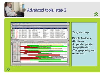 Advanced tools, stap 2 ‘ Drag and drop’ Directe feedback Problemen Lopende operatie Mogelijkheden Terugkoppeling van  rendement 