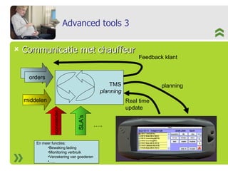 Advanced tools 3 Communicatie met chauffeur TMS planning orders orders middelen voorwaarden SLA’s Feedback klant … .. planning Real time update En meer functies: Bewaking lading Monitoring verbruik Verzekering van goederen … .. 