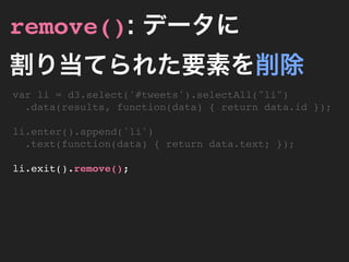 remove(): データに
割り当てられた要素を削除
var li = d3.select('#tweets').selectAll("li")
  .data(results, function(data) { return data.id });

li.enter().append('li')
  .text(function(data) { return data.text; });

li.exit().remove();
 