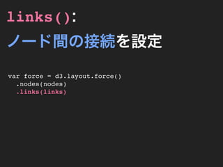 links():
ノード間の接続を設定
var force = d3.layout.force()
  .nodes(nodes)
  .links(links)
 