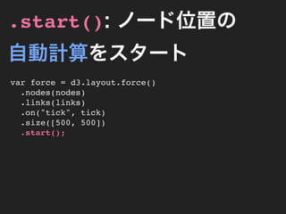 .start(): ノード位置の
自動計算をスタート
var force = d3.layout.force()
  .nodes(nodes)
  .links(links)
  .on("tick", tick)
  .size([500, 500])
  .start();
 