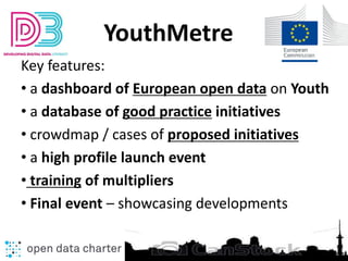 YouthMetre
Key features:
• a dashboard of European open data on Youth
• a database of good practice initiatives
• crowdmap...