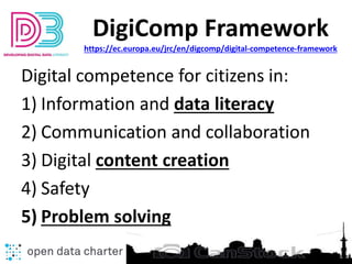 DigiComp Framework
https://ec.europa.eu/jrc/en/digcomp/digital-competence-framework
Digital competence for citizens in:
1)...