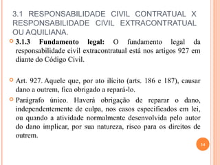 3.1 RESPONSABILIDADE CIVIL CONTRATUAL X
RESPONSABILIDADE CIVIL EXTRACONTRATUAL
OU AQUILIANA.
 3.1.3 Fundamento legal: O fundamento legal da
responsabilidade civil extracontratual está nos artigos 927 em
diante do Código Civil.
 Art. 927. Aquele que, por ato ilícito (arts. 186 e 187), causar
dano a outrem, fica obrigado a repará-lo.
 Parágrafo único. Haverá obrigação de reparar o dano,
independentemente de culpa, nos casos especificados em lei,
ou quando a atividade normalmente desenvolvida pelo autor
do dano implicar, por sua natureza, risco para os direitos de
outrem.
14
 