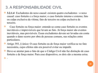 3. A RESPONSABILIDADE CIVIL
 3.2.1.4 Excludentes do nexo causal: existem quatro excludentes : o nexo
causal: caso fortuito e a força maior; o caso fortuito interno e externo; fato
ou culpa exclusiva da vítima; fato de terceiro ou culpa exclusiva de
terceiro.
 Caso fortuito ou força maior: entende-se como caso fortuito os eventos
inevitáveis e imprevisíveis que levam ao fato. Já força maior são eventos
inevitáveis, mas previsíveis. Essas excludentes devem ser levadas em conta
quando o dano ocorre por obra de pessoas comuns, nas relações entre
particulares.
 Artigo 393, § único: O caso fortuito ou de força maior verifica se no fato‑
necessário, cujos efeitos não era possível evitar ou impedir.
 Deve-se atentar para o fato de que o Código Civil não faz distinção de caso
fortuito e de força maior. Para esse dispositivo, os dois são a mesma coisa.
 ·
28
 