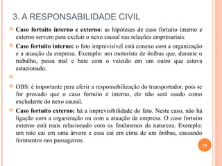3. A RESPONSABILIDADE CIVIL
 Caso fortuito interno e externo: as hipóteses de caso fortuito interno e
externo servem para excluir o nexo causal nas relações empresariais.
 Caso fortuito interno: o fato imprevisível está conexo com a organização
e a atuação da empresa. Exemplo: um motorista de ônibus que, durante o
trabalho, passa mal e bate com o veiculo em um outro que estava
estacionado.

 OBS: é importante para aferir a responsabilização do transportador, pois se
for provado que o caso fortuito é interno, ele não será usado como
excludente do nexo causal.
 Caso fortuito externo: há a imprevisibilidade do fato. Neste caso, não há
ligação com a organização ou com a atuação da empresa. O caso fortuito
externo está mais relacionado com os fenômenos da natureza. Exemplo:
um raio cai em uma árvore e essa cai em cima de um ônibus, causando
ferimentos nos passageiros.
29
 