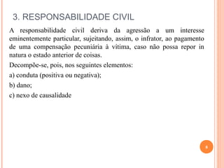 3. RESPONSABILIDADE CIVIL
A responsabilidade civil deriva da agressão a um interesse
eminentemente particular, sujeitando, assim, o infrator, ao pagamento
de uma compensação pecuniária à vítima, caso não possa repor in
natura o estado anterior de coisas.
Decompõe-se, pois, nos seguintes elementos:
a) conduta (positiva ou negativa);
b) dano;
c) nexo de causalidade
8
 