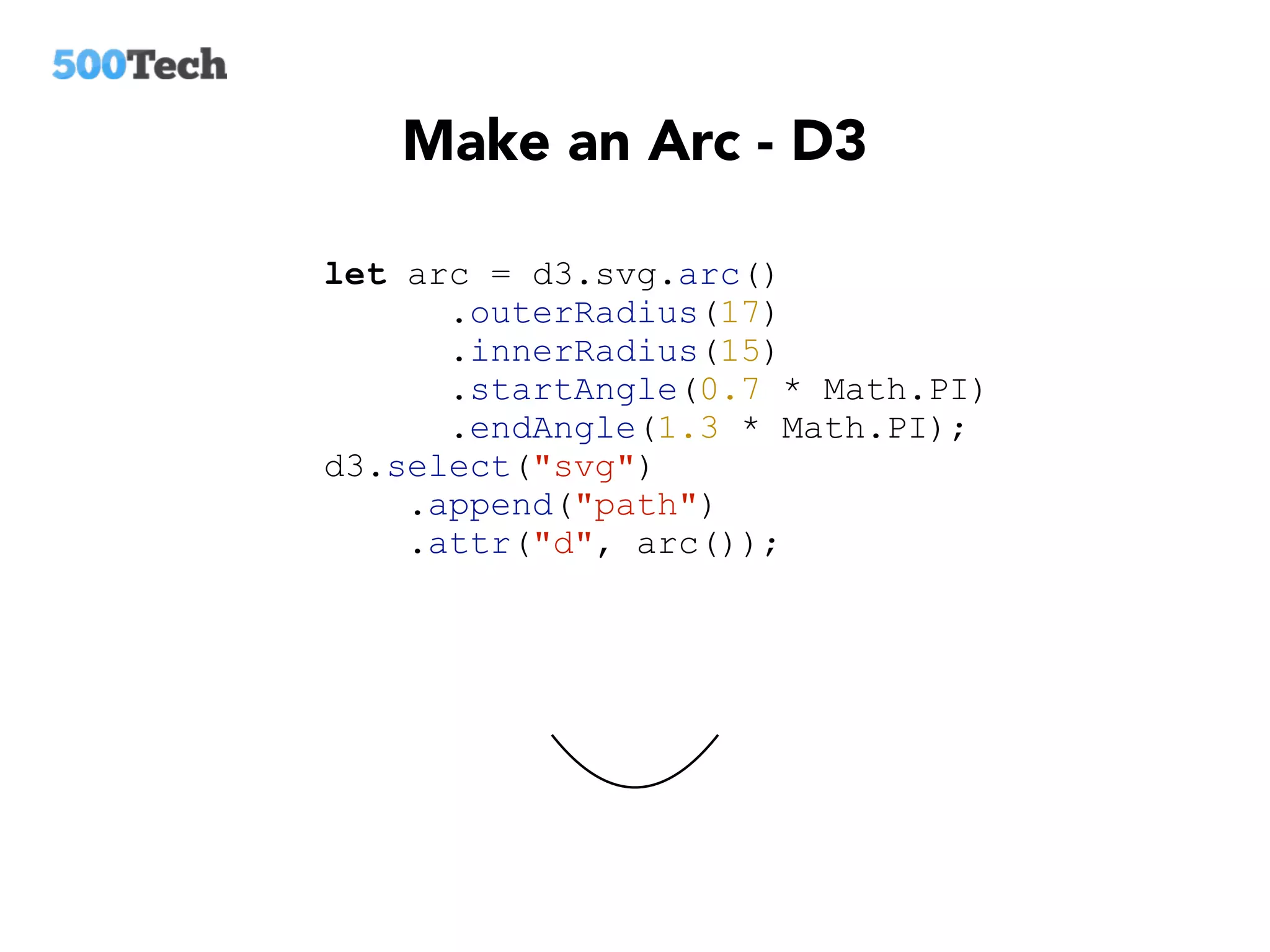 Make an Arc - D3
let arc = d3.svg.arc()
.outerRadius(17)
.innerRadius(15)
.startAngle(0.7 * Math.PI)
.endAngle(1.3 * Math.PI);
d3.select("svg")
.append("path")
.attr("d", arc());
 