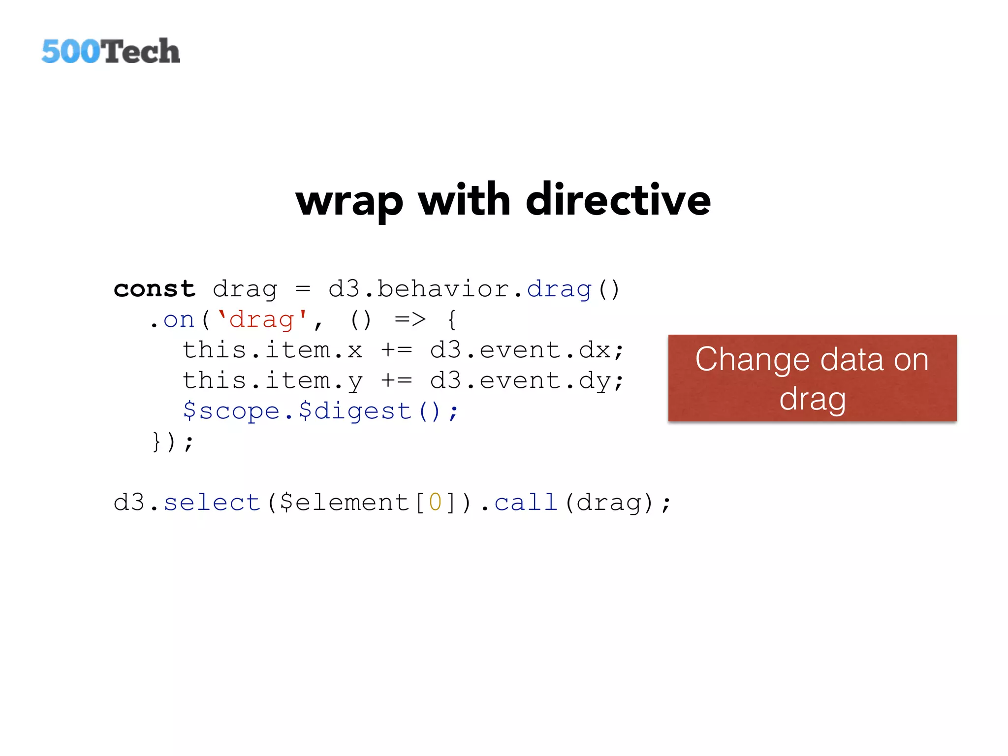 const drag = d3.behavior.drag()
.on(‘drag', () => {
this.item.x += d3.event.dx;
this.item.y += d3.event.dy;
$scope.$digest();
});
d3.select($element[0]).call(drag);
Change data on
drag
wrap with directive
 