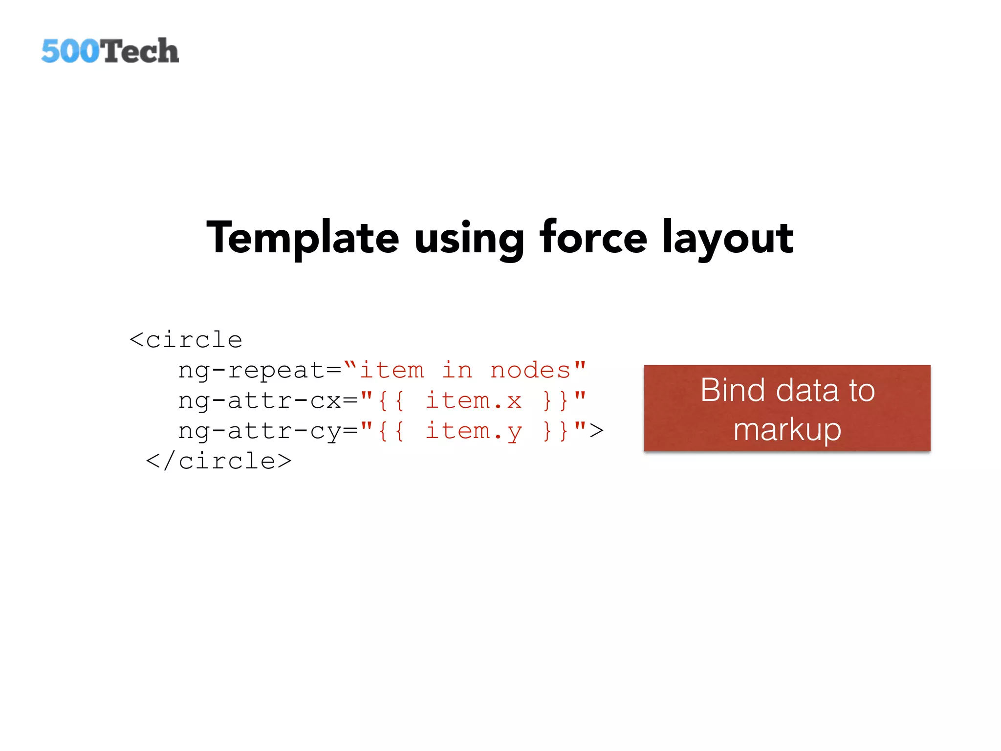 Template using force layout
<circle
ng-repeat=“item in nodes"
ng-attr-cx="{{ item.x }}"
ng-attr-cy="{{ item.y }}">
</circle>
Bind data to
markup
 